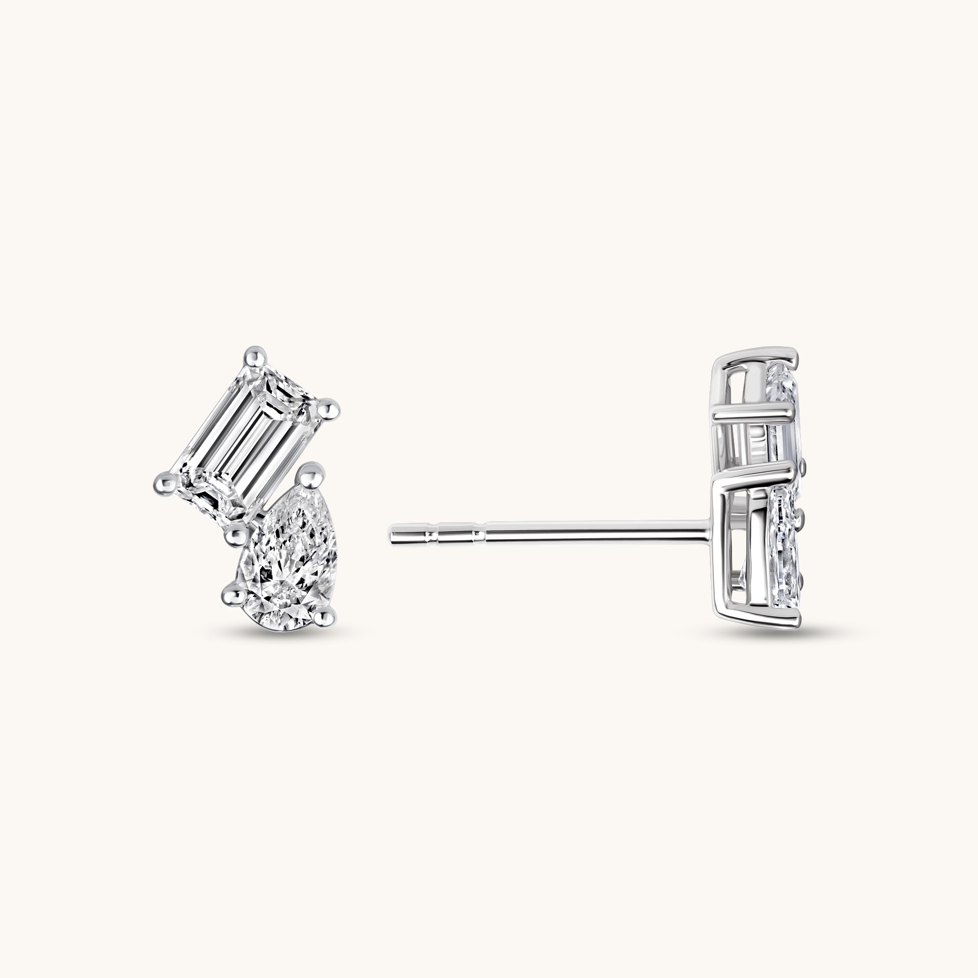 White Gold Pear and Emerald Lab Diamond Toi et Moi Stud Earrings