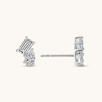White Gold Pear and Emerald Lab Diamond Toi et Moi Stud Earrings