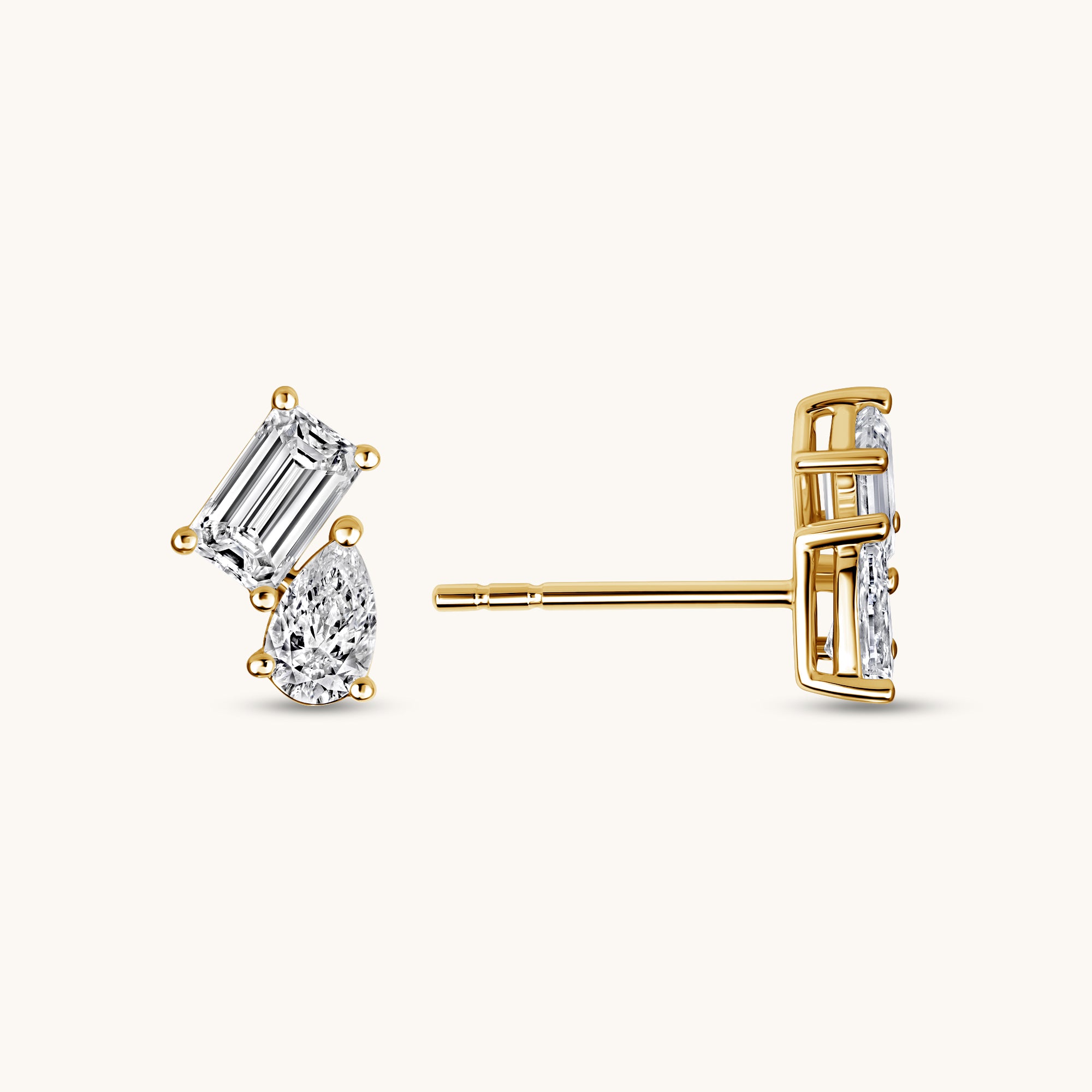 Yellow Gold Pear and Emerald Lab Diamond Toi et Moi Stud Earrings