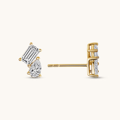 Yellow Gold Pear and Emerald Lab Diamond Toi et Moi Stud Earrings