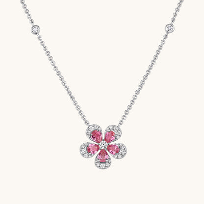 White Gold Pink Sapphire Blooming Flower Necklace