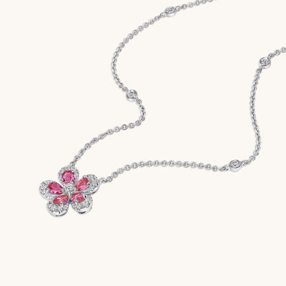 White Gold Pink Sapphire Blooming Flower Necklace