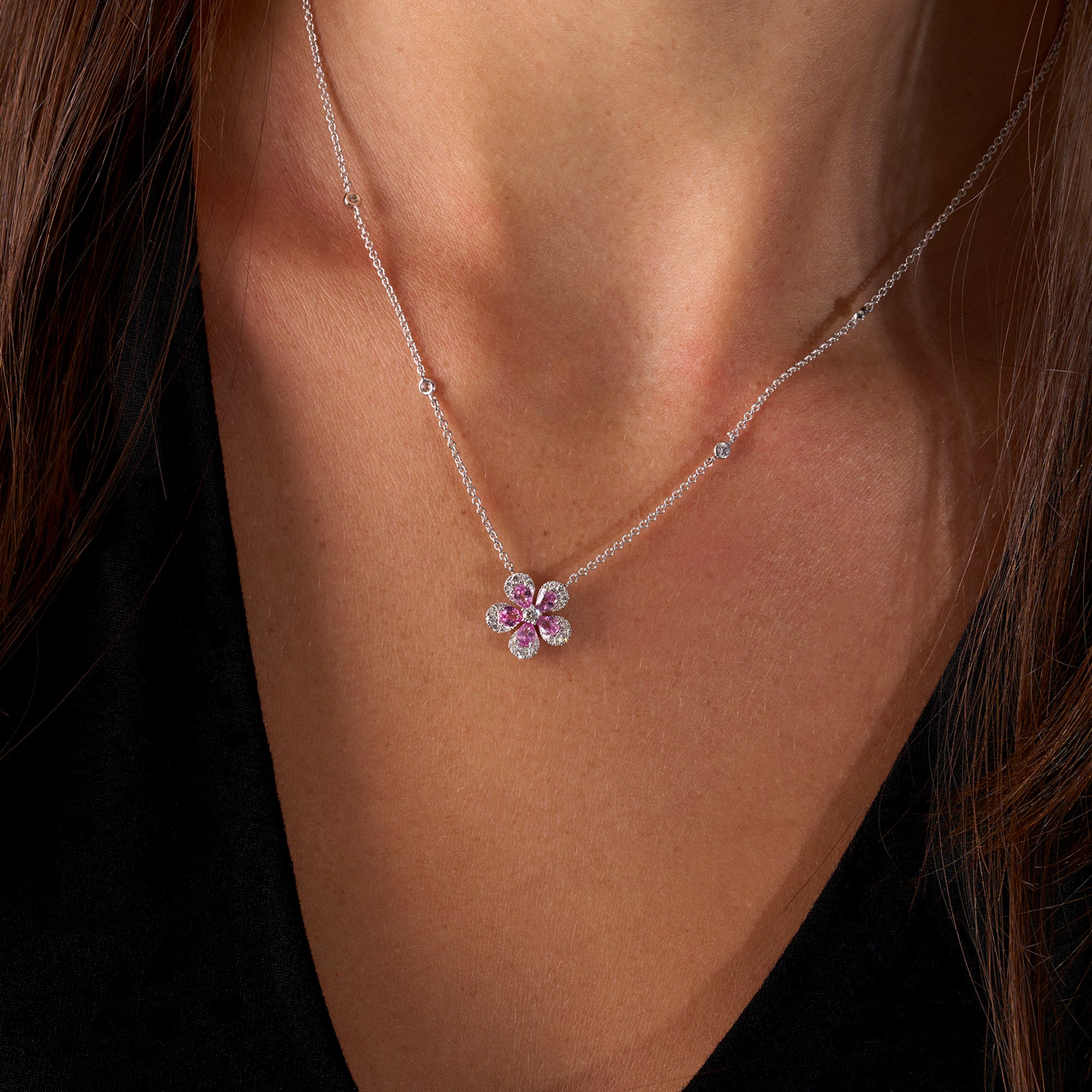White Gold Pink Sapphire Blooming Flower Necklace On Figure