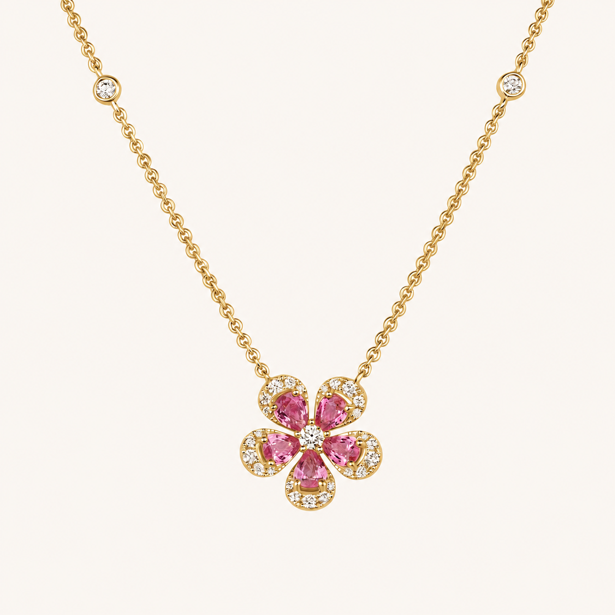 Yellow Gold Pink Sapphire Blooming Flower Necklace