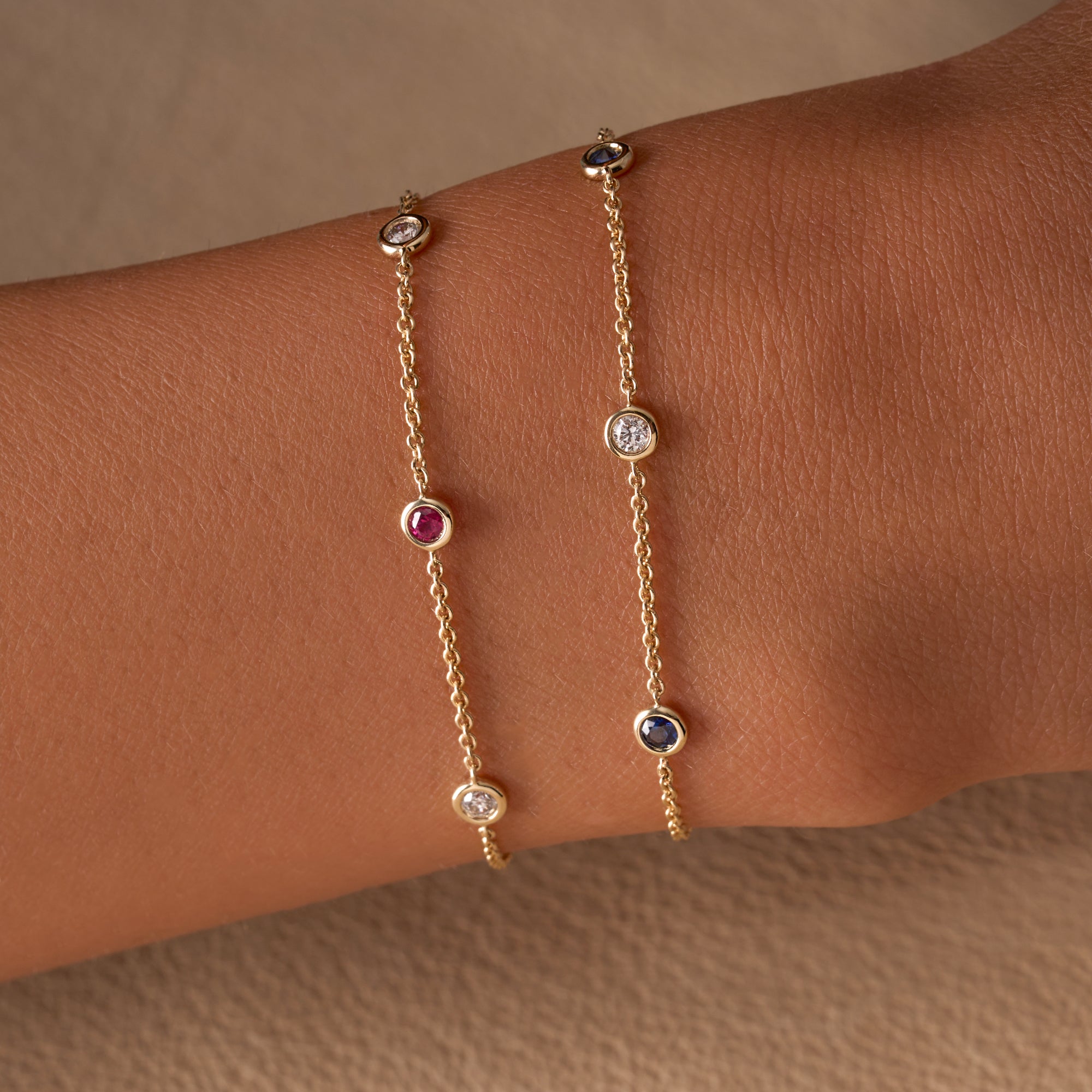 Ruby Alternating Diamond Bezel Bracelet & Blue Sapphire Alternating Diamond Bezel Bracelet On Figure
