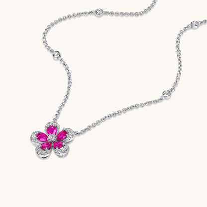 White Gold Ruby Blooming Flower Necklace