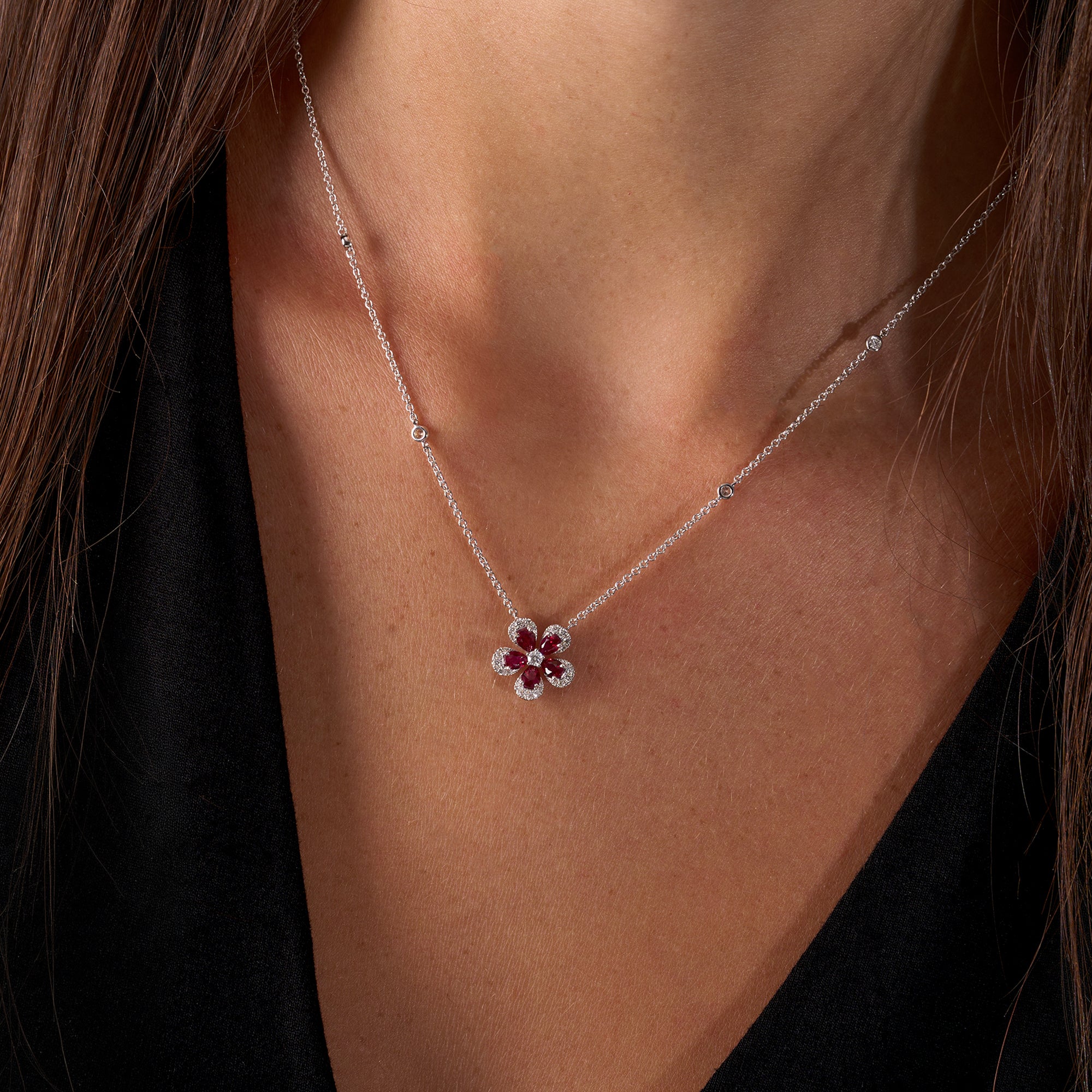 White Gold Ruby Blooming Flower Necklace On Figure