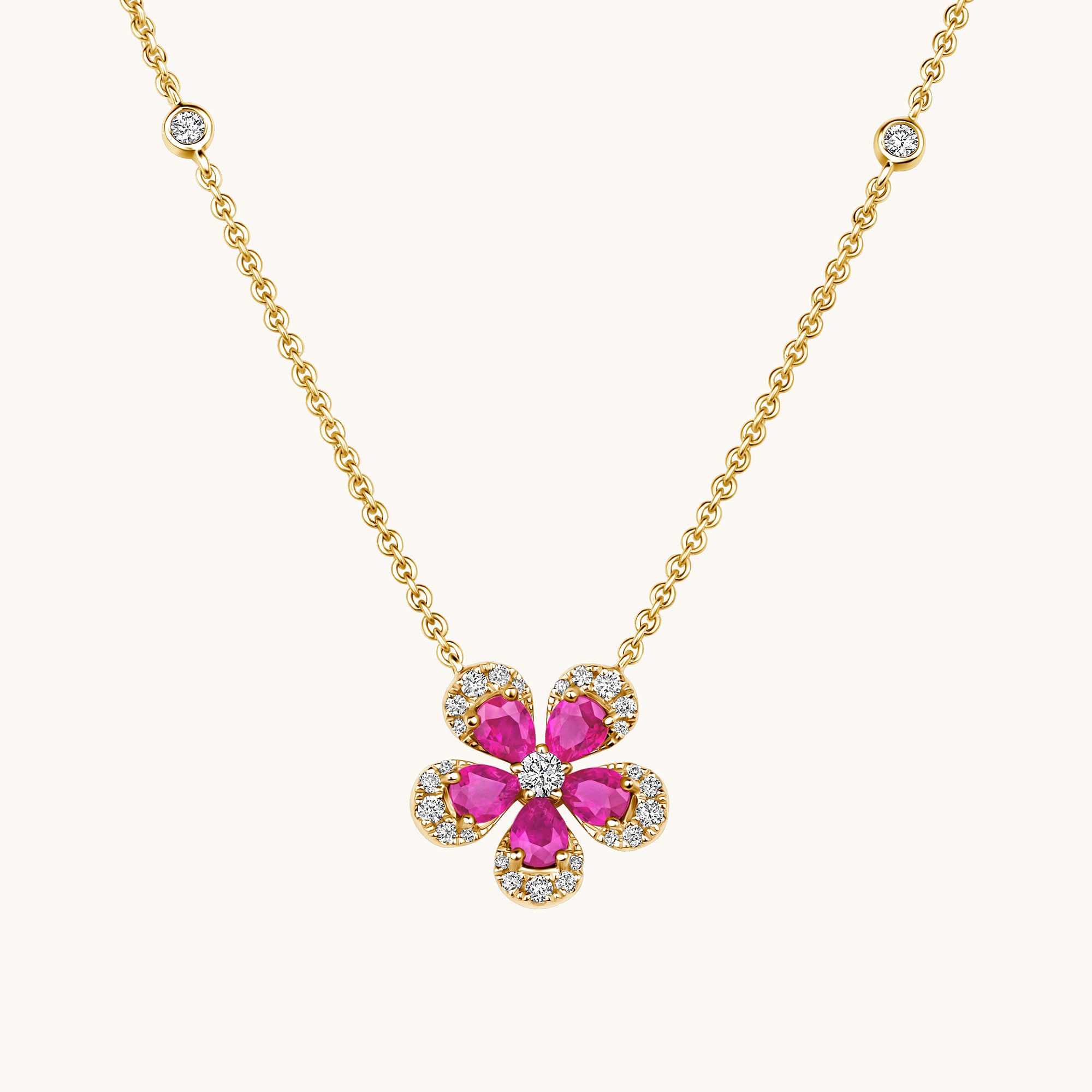 Yellow Gold Ruby Blooming Flower Necklace
