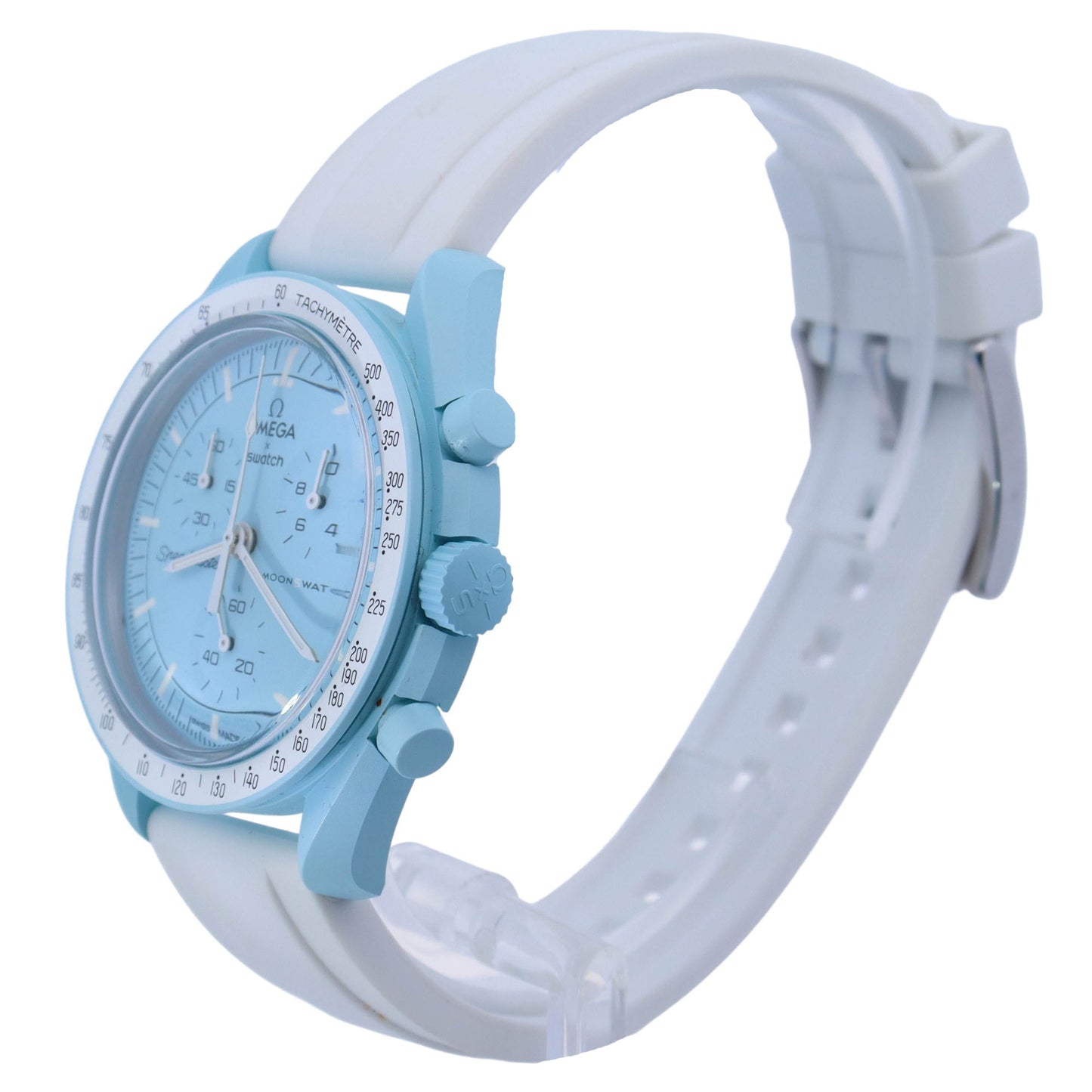 Omega x Swatch Moonswatch Light Blue Bioceramic 42mm Light Blue Chronograph Dial Watch Reference# SO33L100 - Happy Jewelers Fine Jewelry Lifetime Warranty