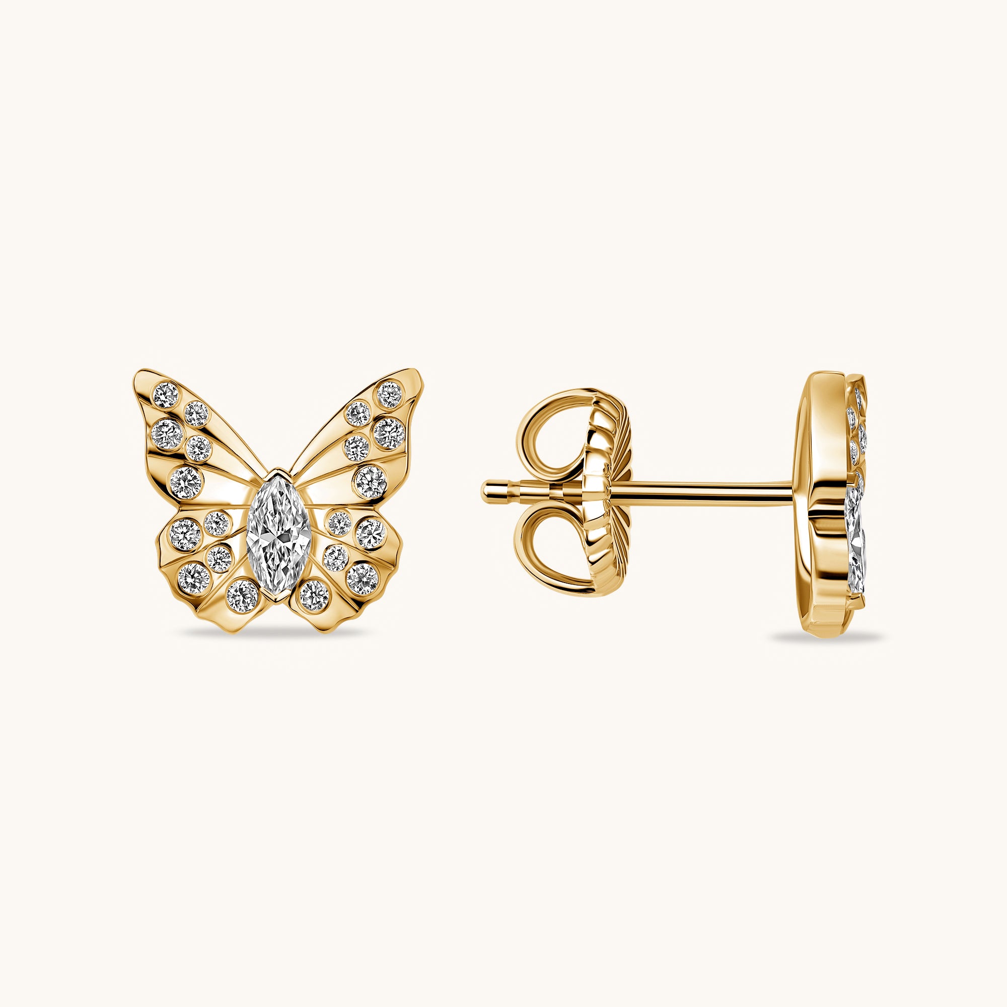 Yellow Gold Small Marquise Diamond Butterfly Stud Earrings