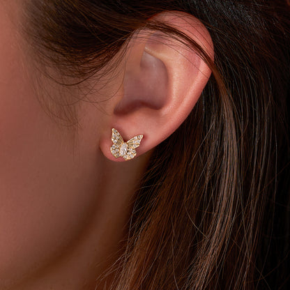 Yellow Gold Small Marquise Diamond Butterfly Stud Earrings On Figure