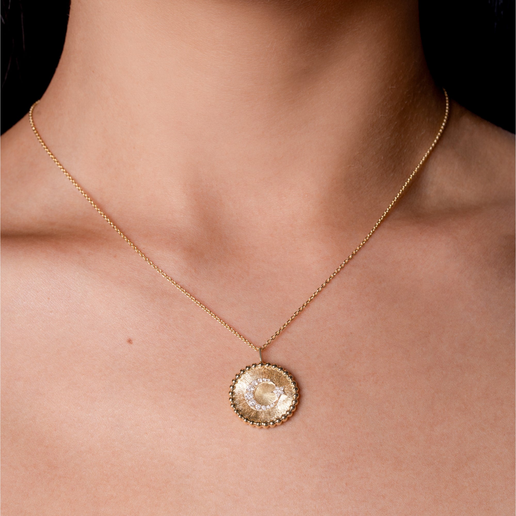 Moon and Star Diamond Coin Pendant