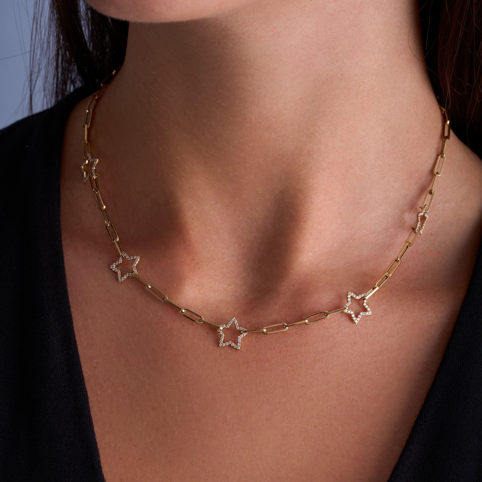 Yellow Gold Star Paperclip Chain Necklace On Figure