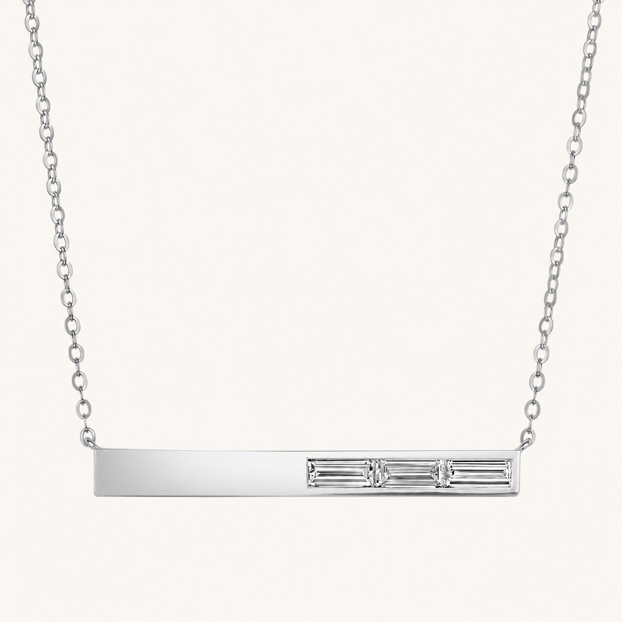 White Gold Three Stone Baguette Diamond Bar Necklace