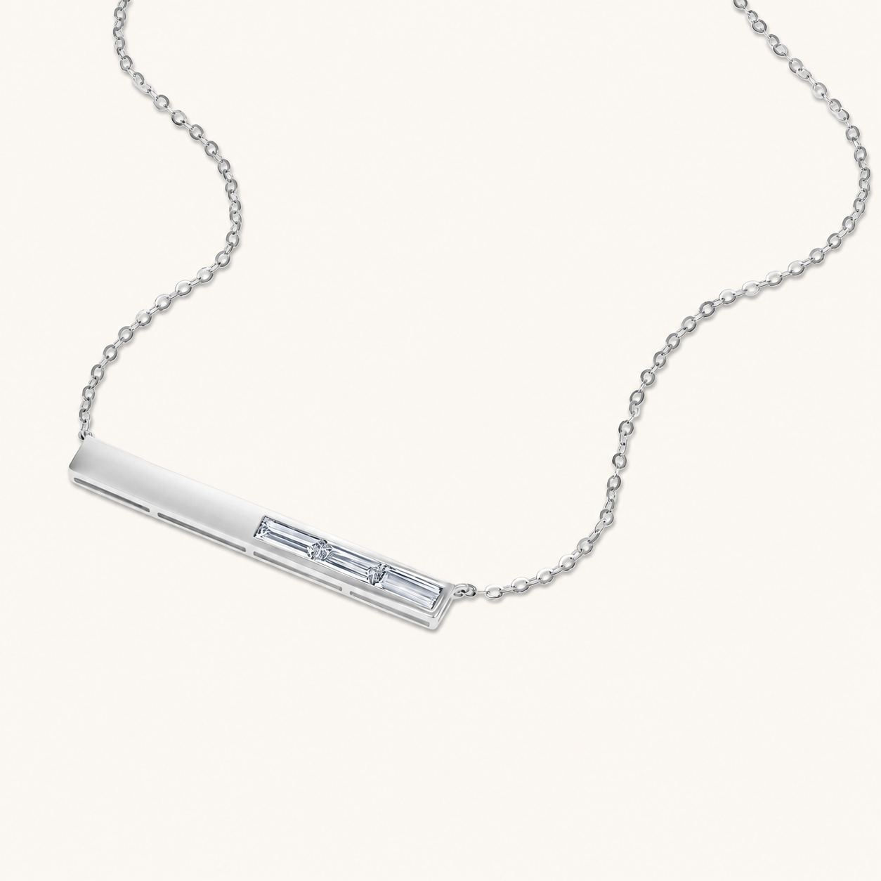 White Gold Three Stone Baguette Diamond Bar Necklace