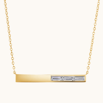 Yellow Gold Three Stone Baguette Diamond Bar Necklace