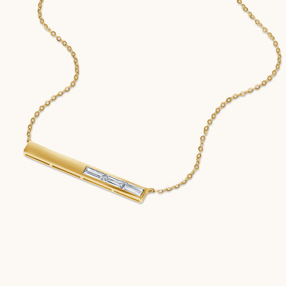 Yellow Gold Three Stone Baguette Diamond Bar Necklace