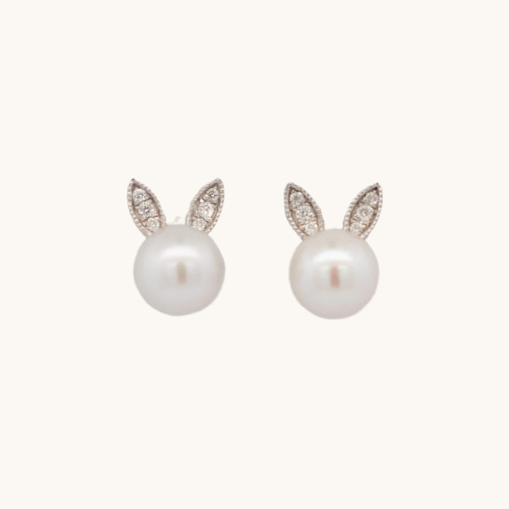 Diamond and Pearl Bunny Stud Earrings