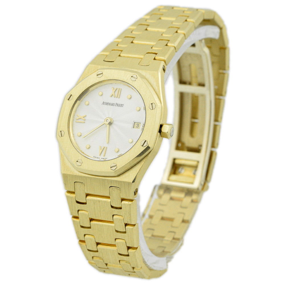 Audemars Piguet Lady's Vintage Royal Oak Quartz 18K Yellow Gold 28mm Silver Roman Numeral & Dot Dial Watch - Happy Jewelers Fine Jewelry Lifetime Warranty