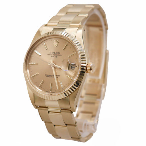 Rolex Ladies Oyster Perpetual Date Yellow Gold 34mm Champagne Stick Dial Watch Reference #15037 - Happy Jewelers Fine Jewelry Lifetime Warranty