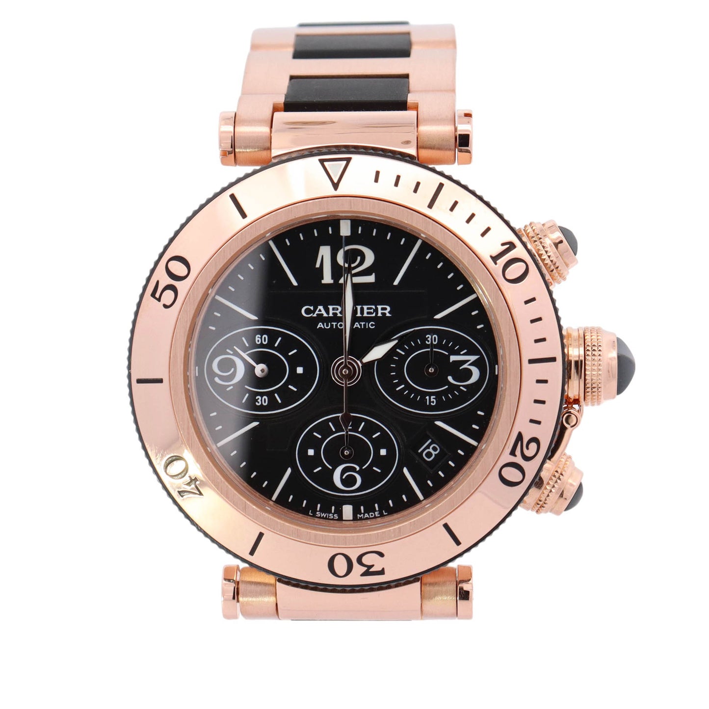 Cartier Pasha Seatimer Rose Gold 42.5mm Black Chronograph Dial Watch Reference# W301970M - Happy Jewelers Fine Jewelry Lifetime Warranty