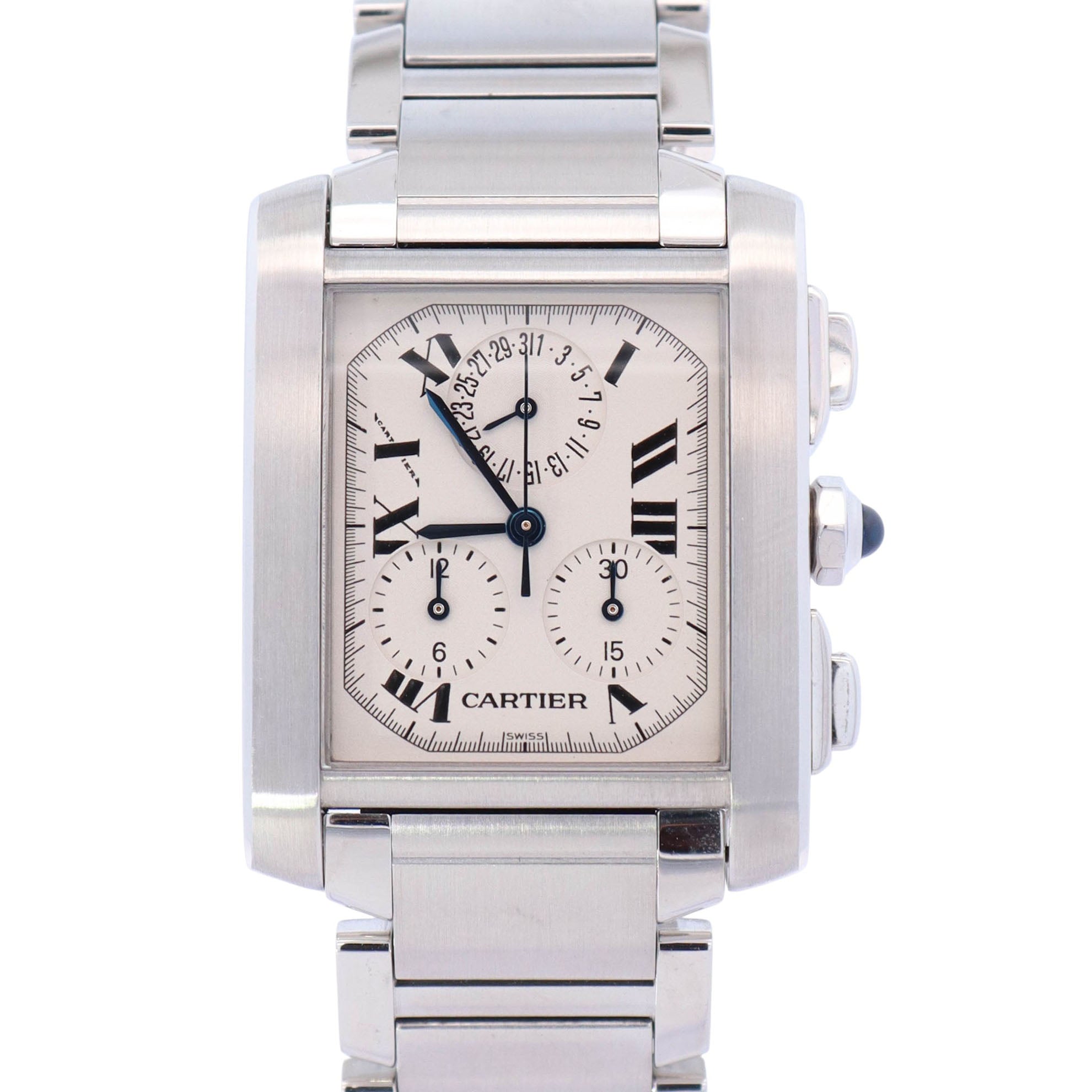 Cartier Tank Francaise Chronoreflex Stainless Steel 29mm White Dial Watch Ref# W51001Q3 - Happy Jewelers Fine Jewelry Lifetime Warranty