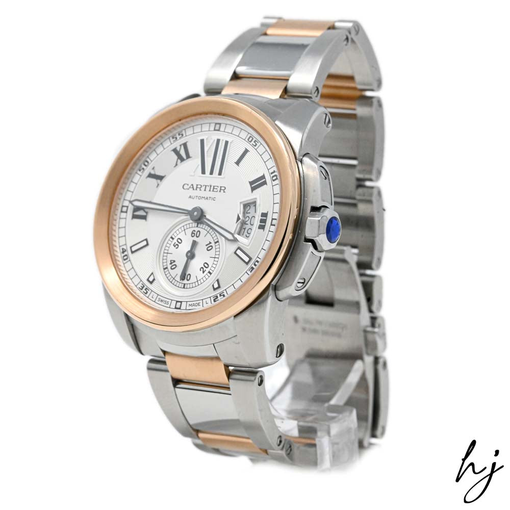 Cartier Men's Calibre De Cartier 18K Pink Gold & Steel 42mm Silver Dial Watch Reference #: W7100036 - Happy Jewelers Fine Jewelry Lifetime Warranty