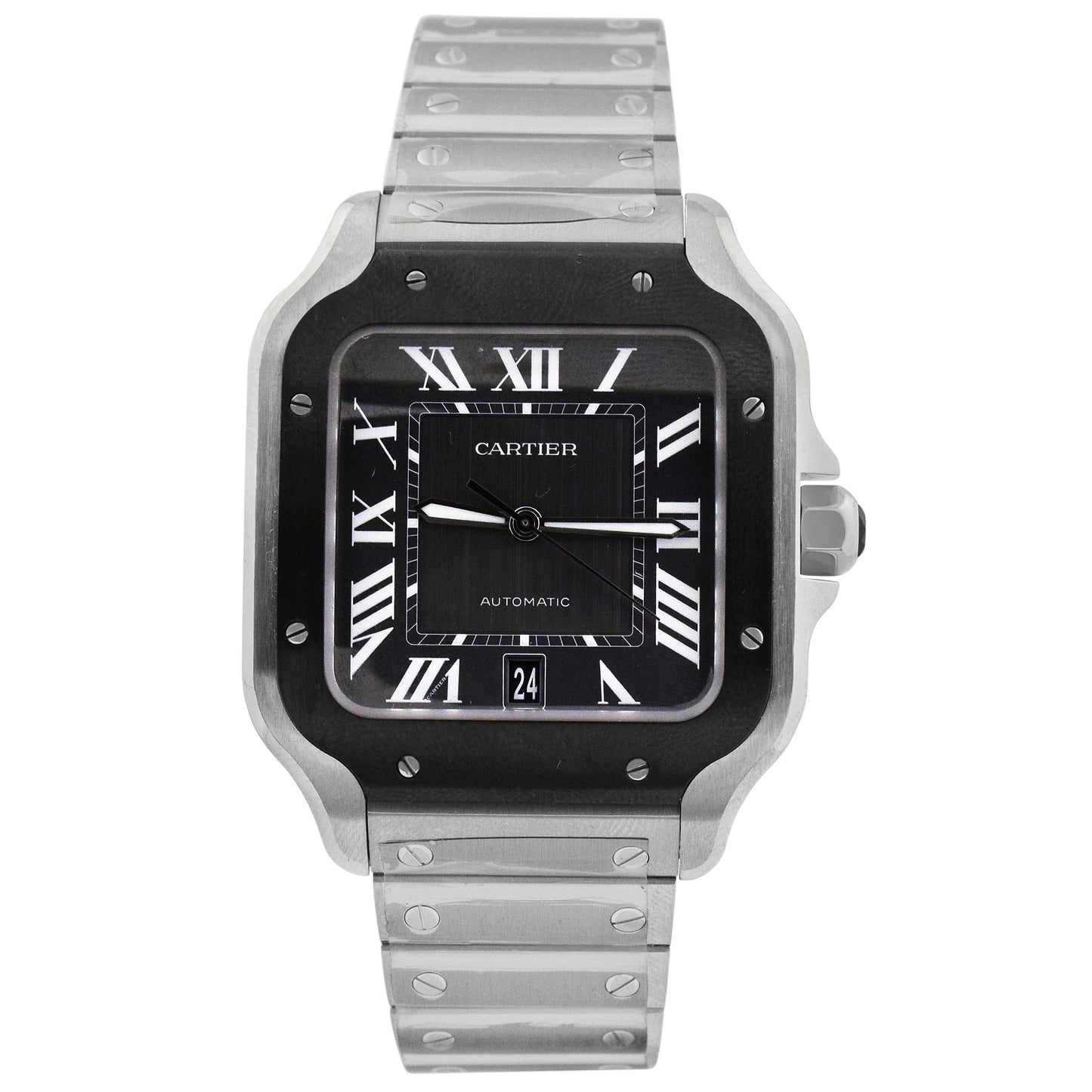 Cartier Santos Stainless Steel 39.8mm Black Roman Dial Watch Reference# WSSA0037 - Happy Jewelers Fine Jewelry Lifetime Warranty