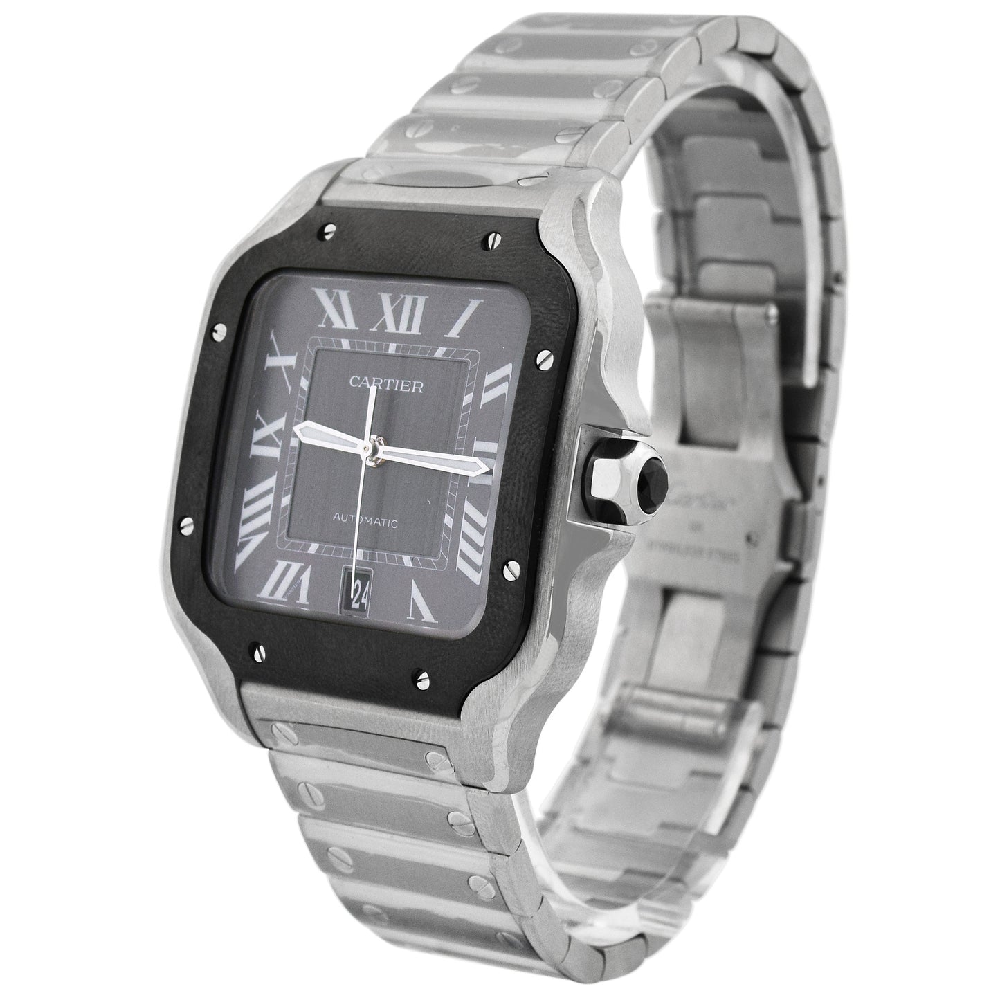 Cartier Santos Stainless Steel 40mm Black Roman Dial Watch Reference# WSSA0037
