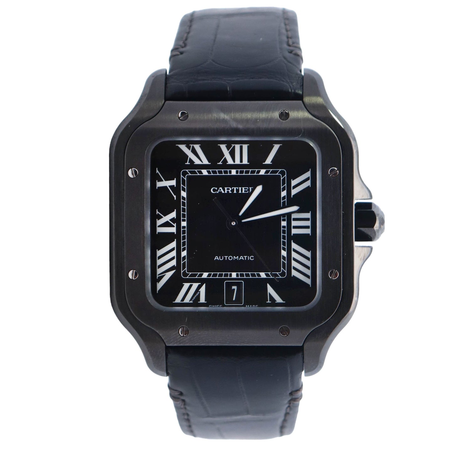 Cartier Santos Black Stainless Steel 38x47mm Black Roman Dial Watch Reference# WSSA0039