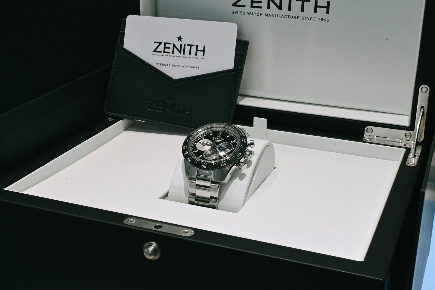 Zenith Men's El Primero Stainless Steel 41mm Black Chronograph Stick Dial Watch Reference #: 03.3100.3600/21.m3100 - Happy Jewelers Fine Jewelry Lifetime Warranty