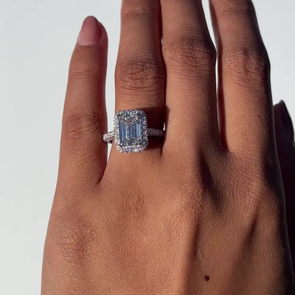 Emerald Lab Created Diamond Engagement Ring with 2D Halo and 3D Band