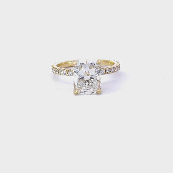 Load and play video in Gallery viewer, 3.06 Carat Lab Grown Cushion Engagement Ring with Signature Setting

