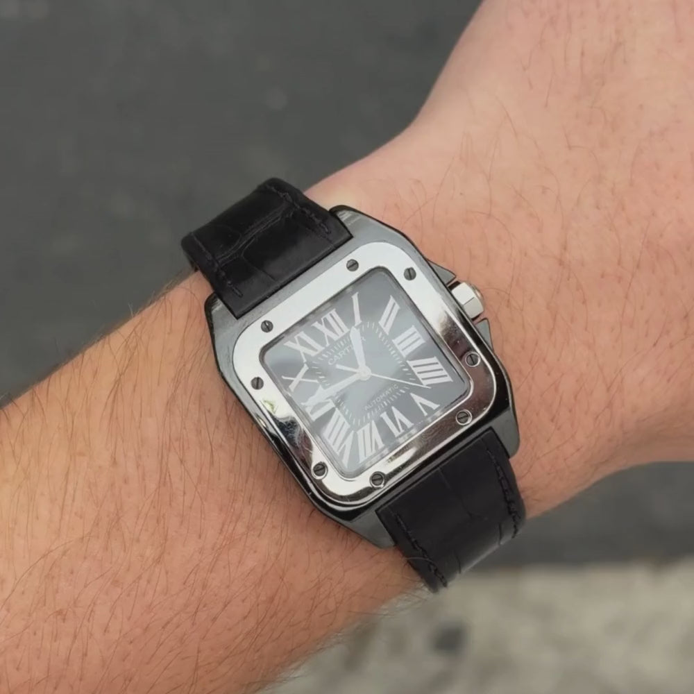 Load and play video in Gallery viewer, Cartier Santos 33mm Black Dial Watch Ref# W2020008
