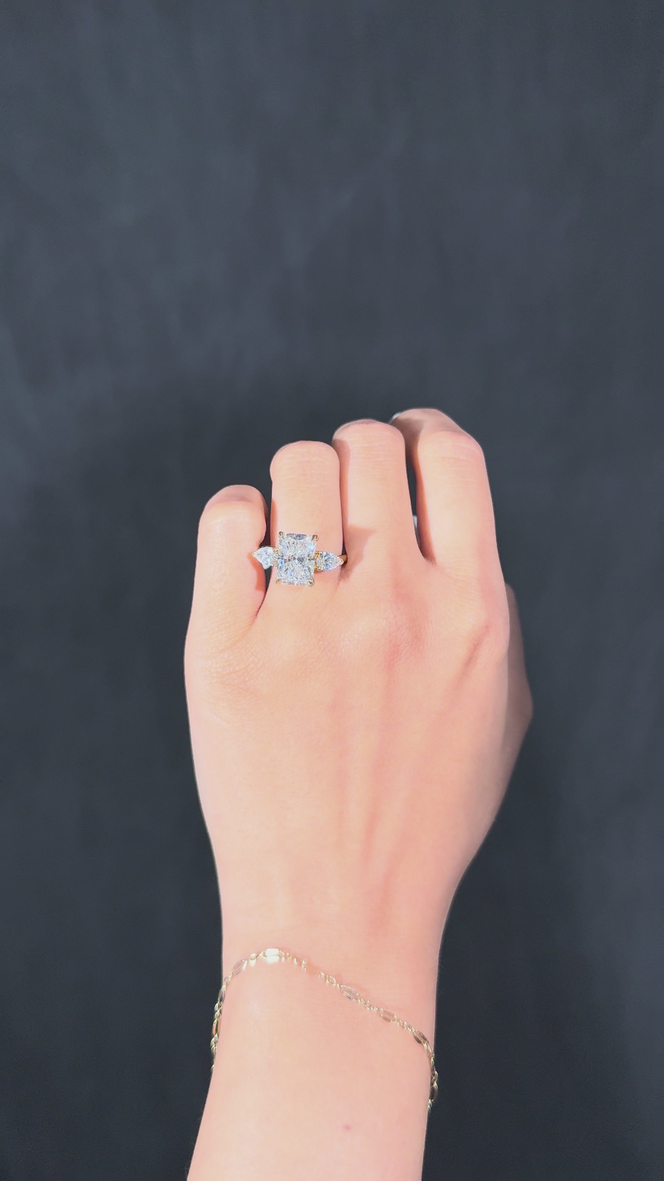 3.33 Radiant Lab Diamond 3 Stone Engagement Ring with Hidden Halo