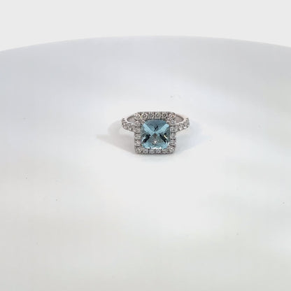 Square Cushion Aquamarine and Diamond Ring