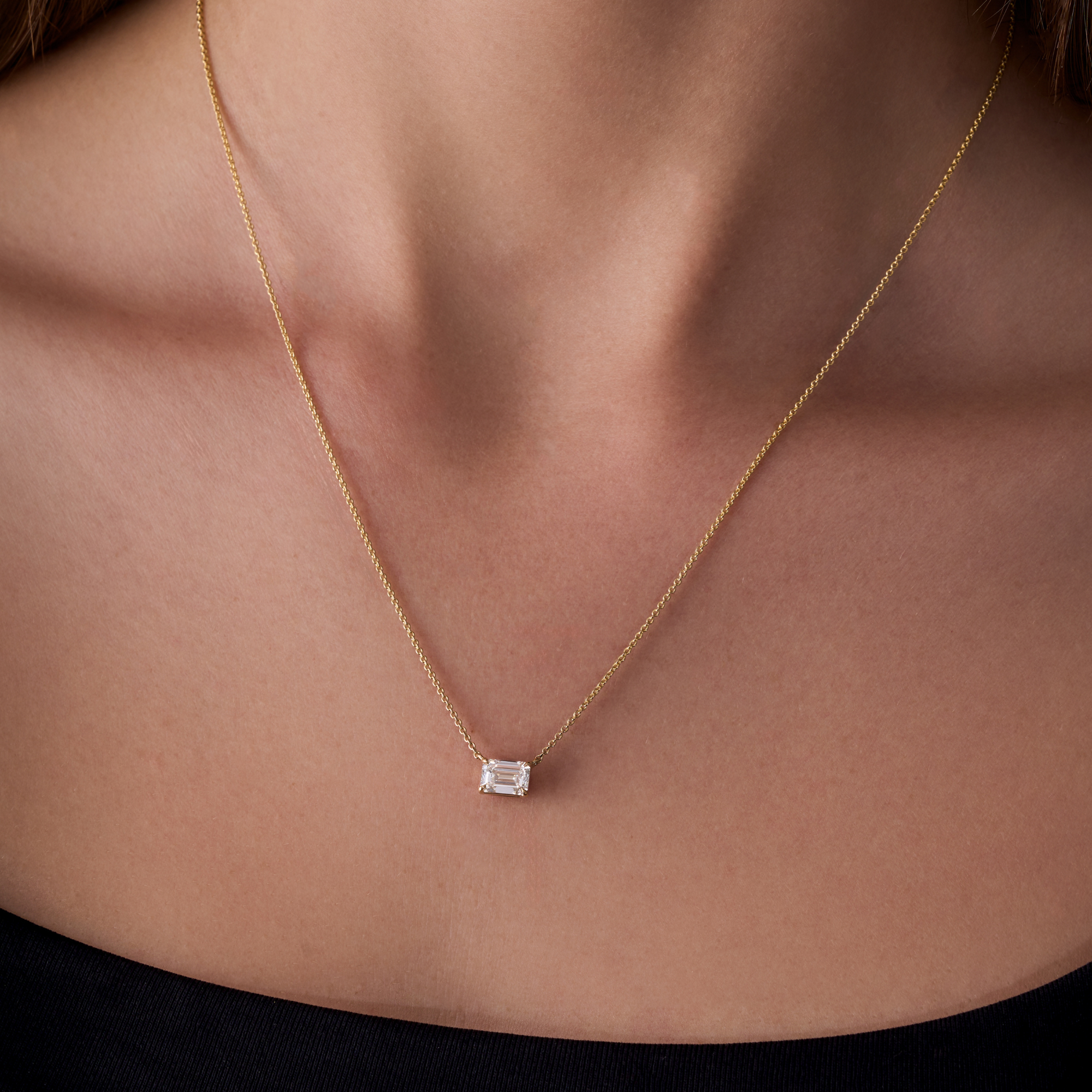 East-West Lab Diamond Emerald Solitaire Pendant