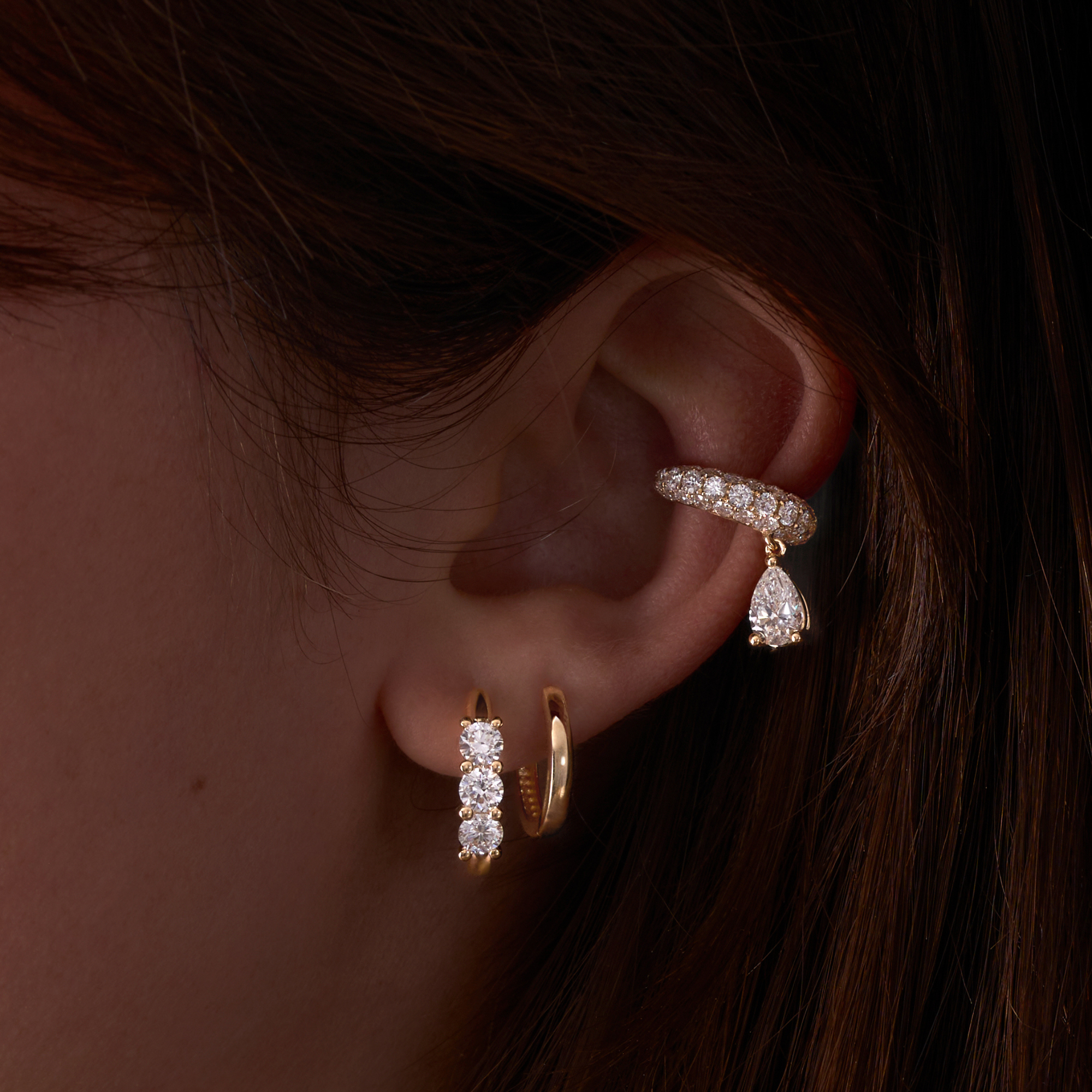Three Stone Diamond Huggie Hoops - Happy Jewelers Fine Jewelry Lifetime Warranty