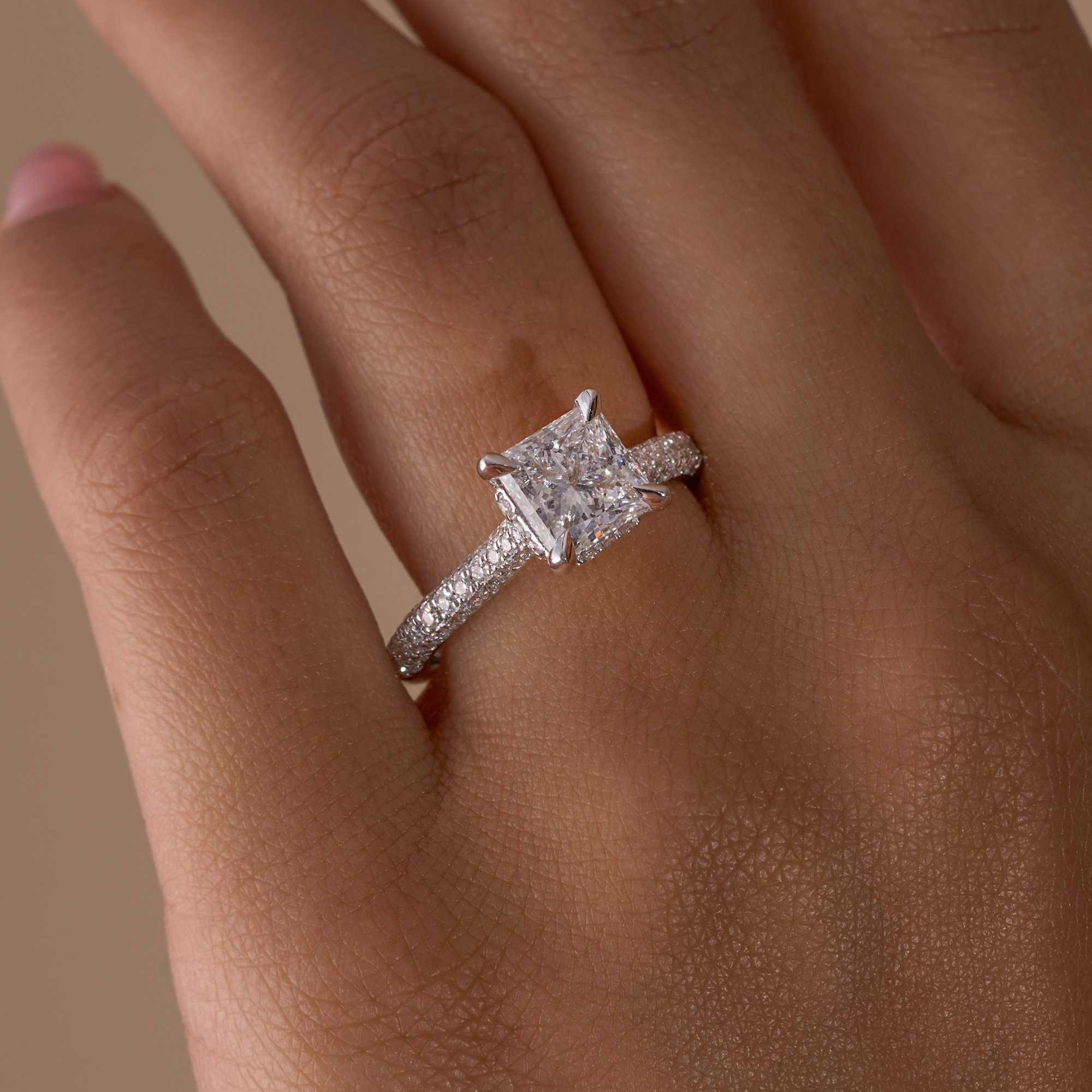 1.79 Princess Lab Diamond Engagement Ring with Hidden Halo and Diamond Pave Band - Happy Jewelers Fine Jewelry Lifetime Warranty