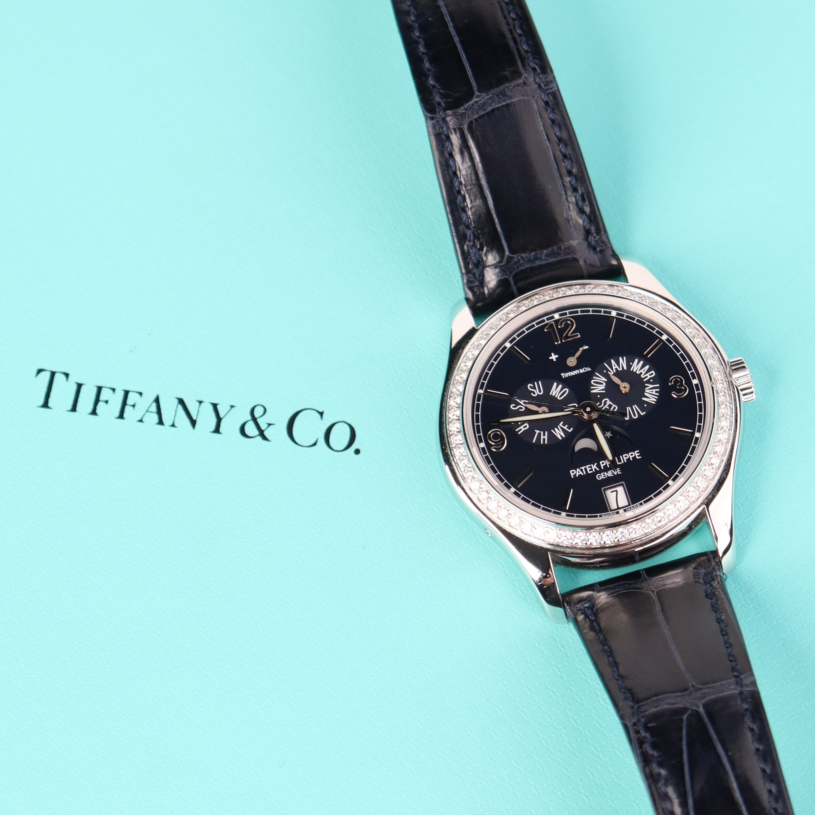 Patek Philippe TIFFANY STAMPED Annual Calendar 39mm Blue Dial Watch Ref# 5147G-001 - Happy Jewelers Fine Jewelry Lifetime Warranty