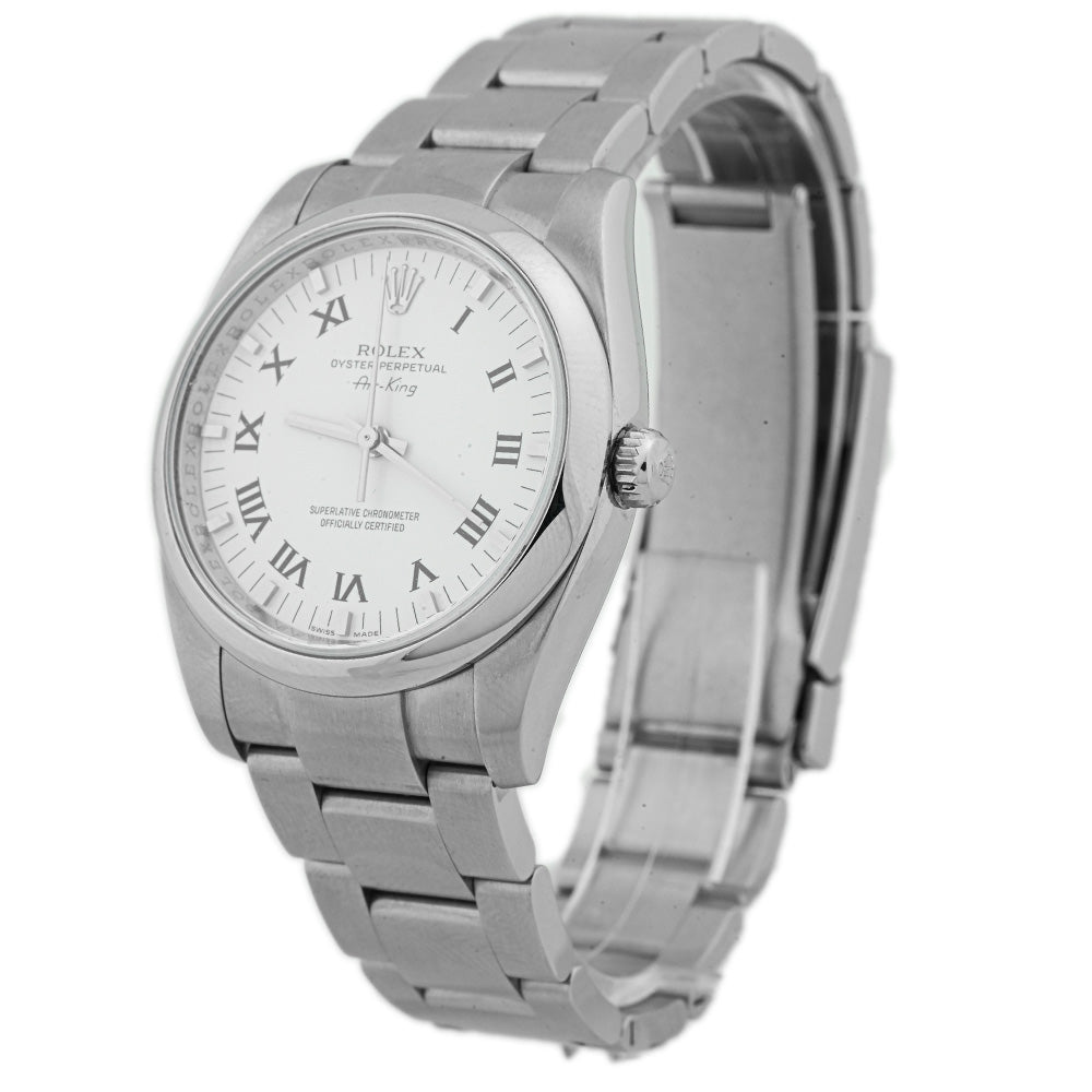 Rolex Unisex Air-King Stainless Steel 34mm White Roman Dial Watch Reference #: 114200 - Happy Jewelers Fine Jewelry Lifetime Warranty