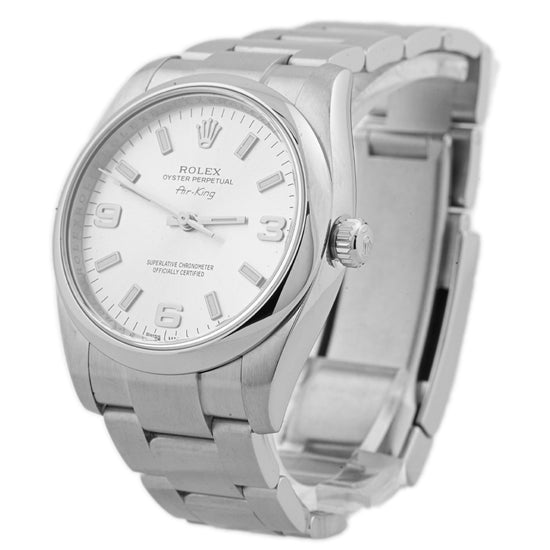 Rolex Unisex Air-King Stainless Steel 34mm Silver Stick & Arabic Numeral Dial Watch Reference #: 114200 - Happy Jewelers Fine Jewelry Lifetime Warranty