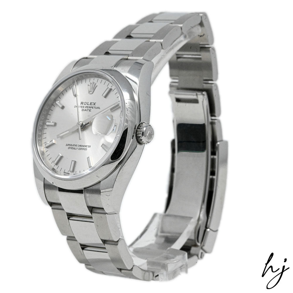 Rolex Unisex Oyster Perpetual Date Stainless Steel 34mm Silver Stick Dial Watch Reference #: 115200 - Happy Jewelers Fine Jewelry Lifetime Warranty