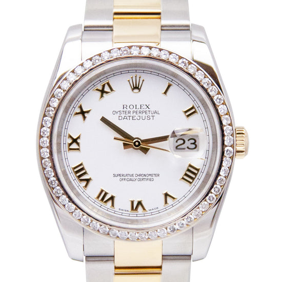 Rolex Unisex Datejust 36 18K Yellow Gold & Steel 36mm White Roman Dial Watch Custom Diamond Bezel Oyster Bracelet - Happy Jewelers Fine Jewelry Lifetime Warranty