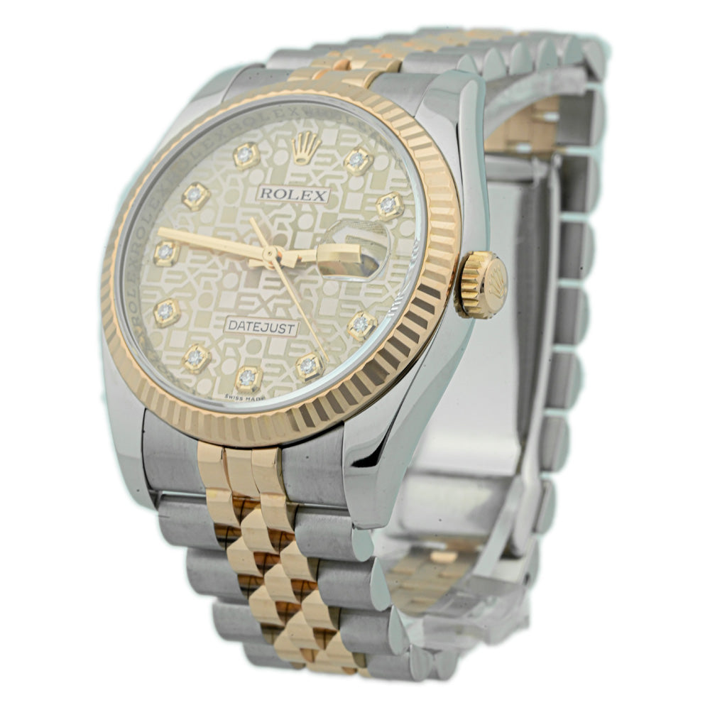 Rolex Unisex Datejust 18K Rose Gold & Steel 36mm Pink Rolex Print Diamond Dial Watch Reference #: 116231 - Happy Jewelers Fine Jewelry Lifetime Warranty