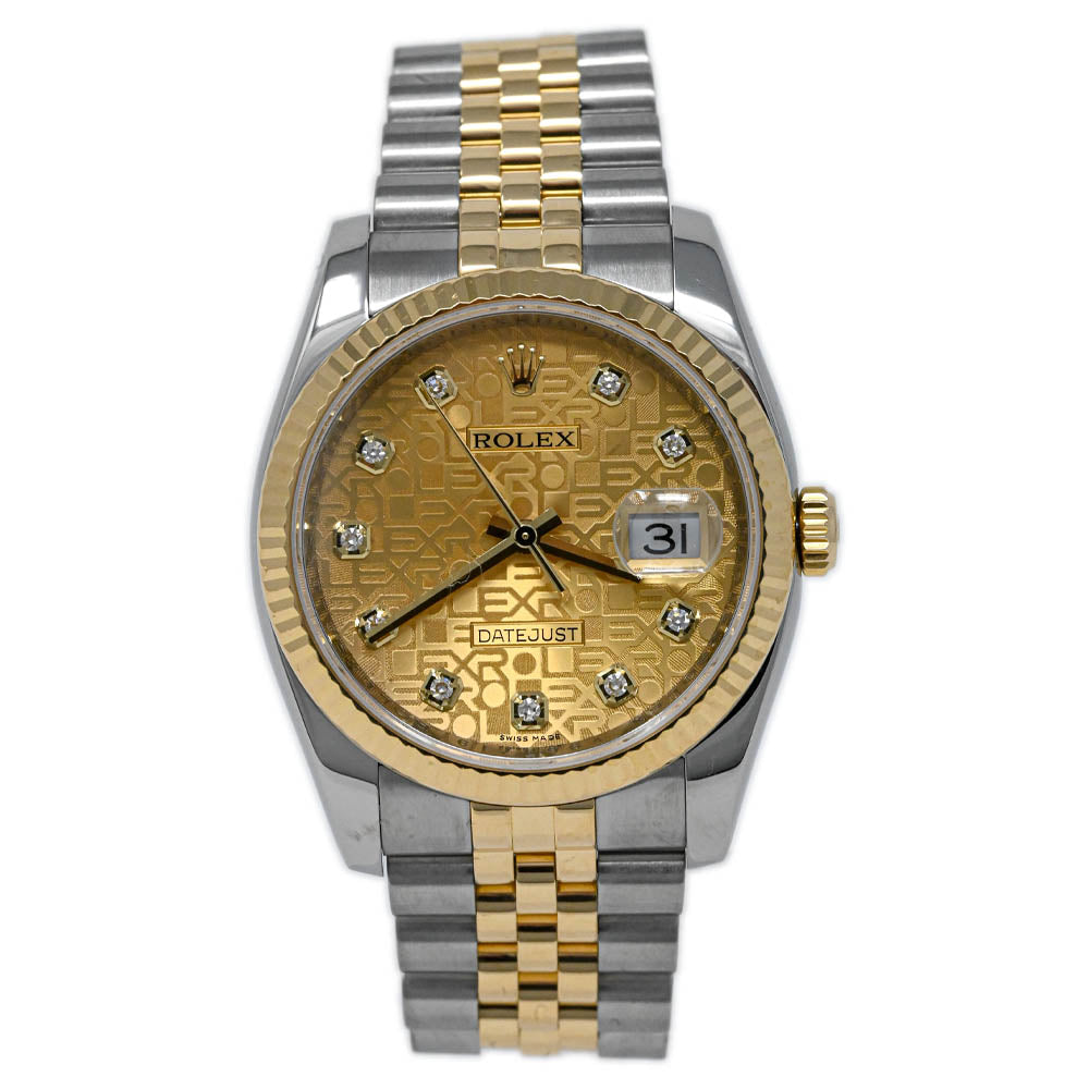 Rolex Men's Datejust 18K Yellow Gold & Steel 36mm Champagne Rolex Print Diamond Dot Dial Watch Reference #: 116233 - Happy Jewelers Fine Jewelry Lifetime Warranty