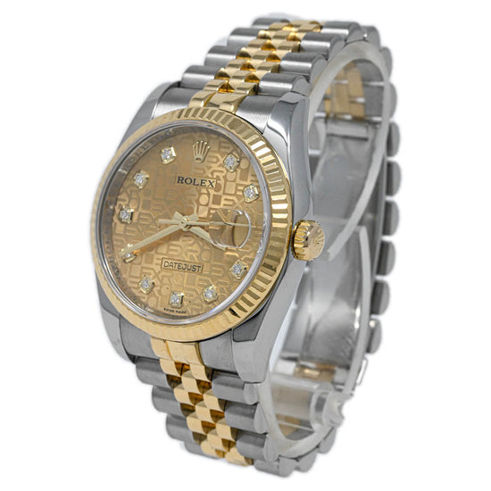 Rolex Men's Datejust 36 18K Yellow Gold & Steel 36mm Champagne "Jubilee Print" Diamond Dot Dial Watch Reference #: 116233 - Happy Jewelers Fine Jewelry Lifetime Warranty