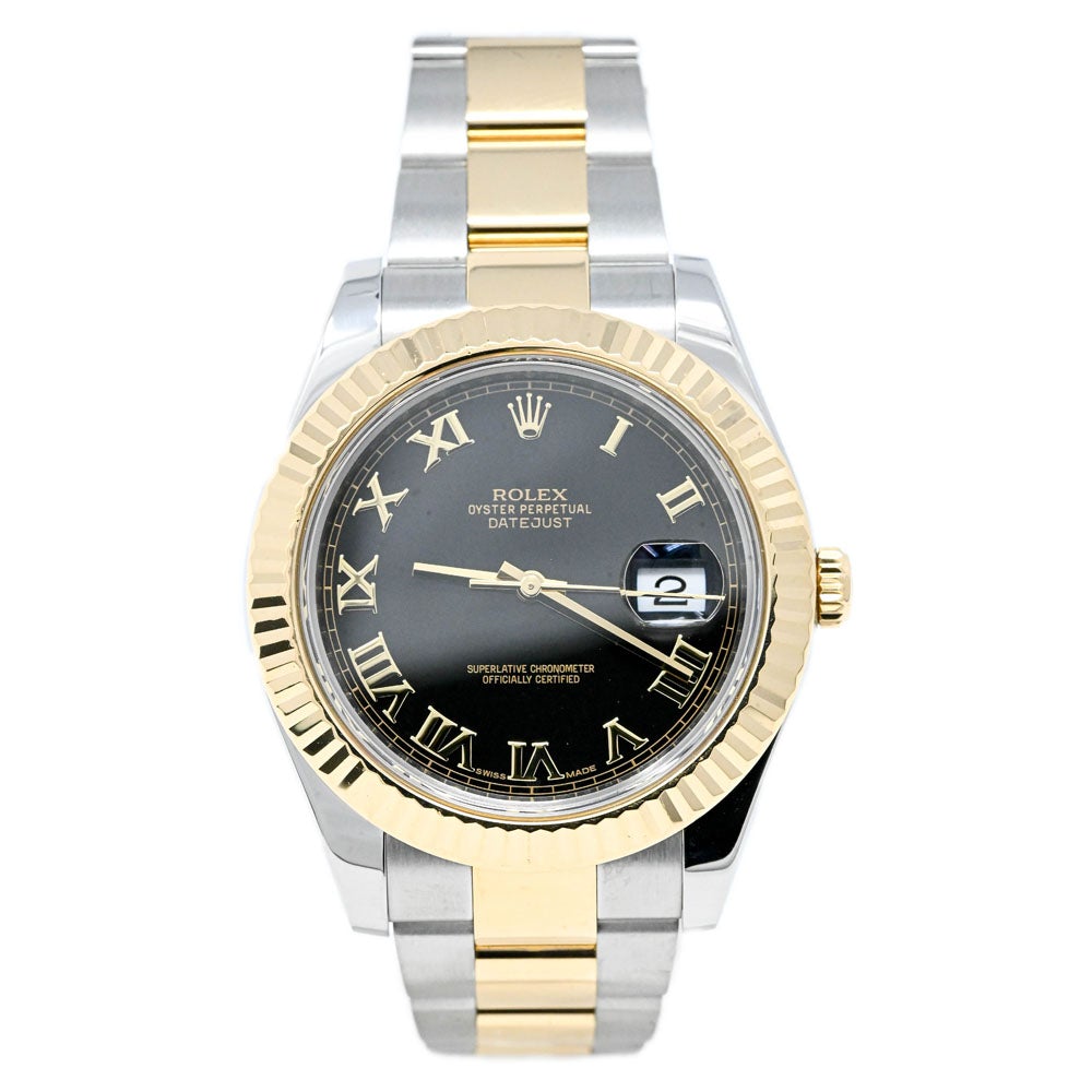 Rolex Men's Datejust Two Tone Yellow Gold and Stainless Steel 41mm Black Roman Dial Watch Ref #: 116333 - Happy Jewelers Fine Jewelry Lifetime Warranty