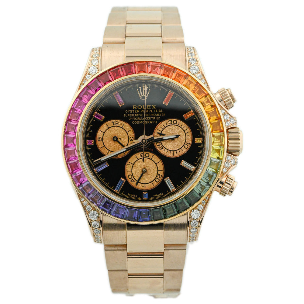 Rolex Men's Daytona 18K Rose Gold 40mm Custom Black Rainbow Watch Reference #: 116505 - Happy Jewelers Fine Jewelry Lifetime Warranty