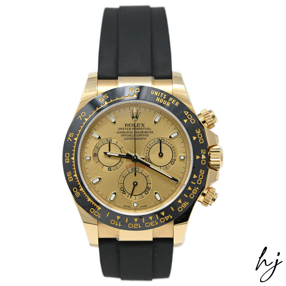 Rolex Unisex Daytona 18K Yellow Gold 40mm Champagne Stick Dial Watch Reference #: 116518 - Happy Jewelers Fine Jewelry Lifetime Warranty